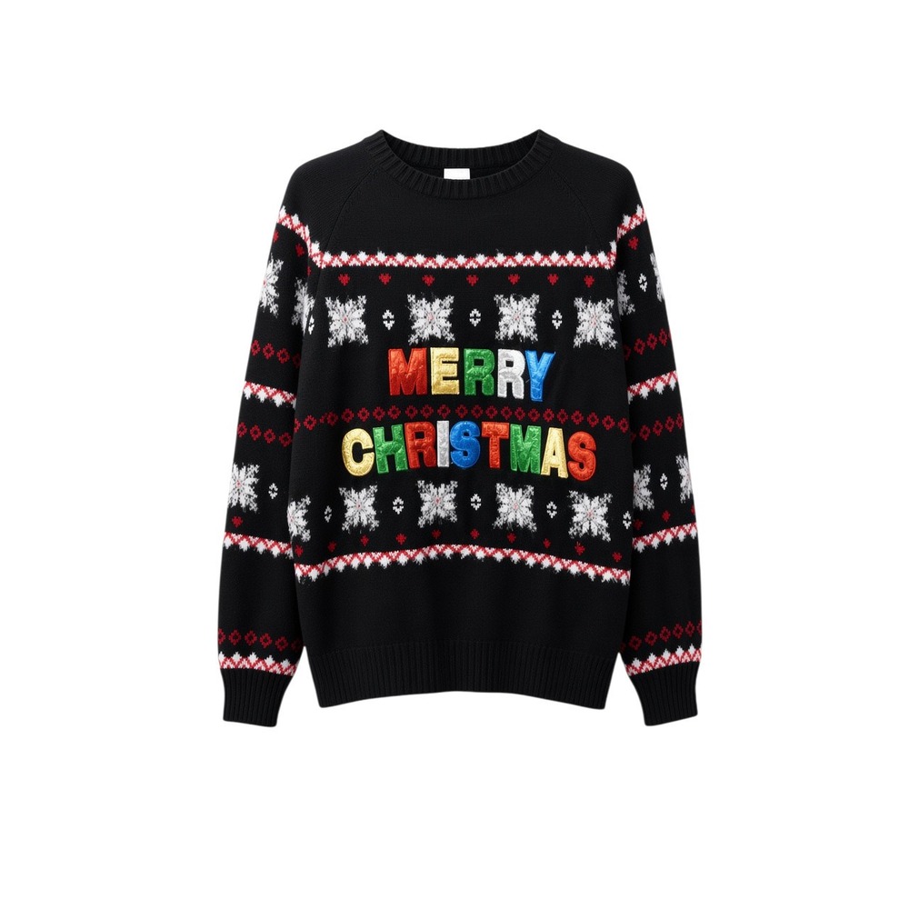 Holiday Time Sweater Girls XL 16-18 Black Merry Christmas Fair Isle Metallic